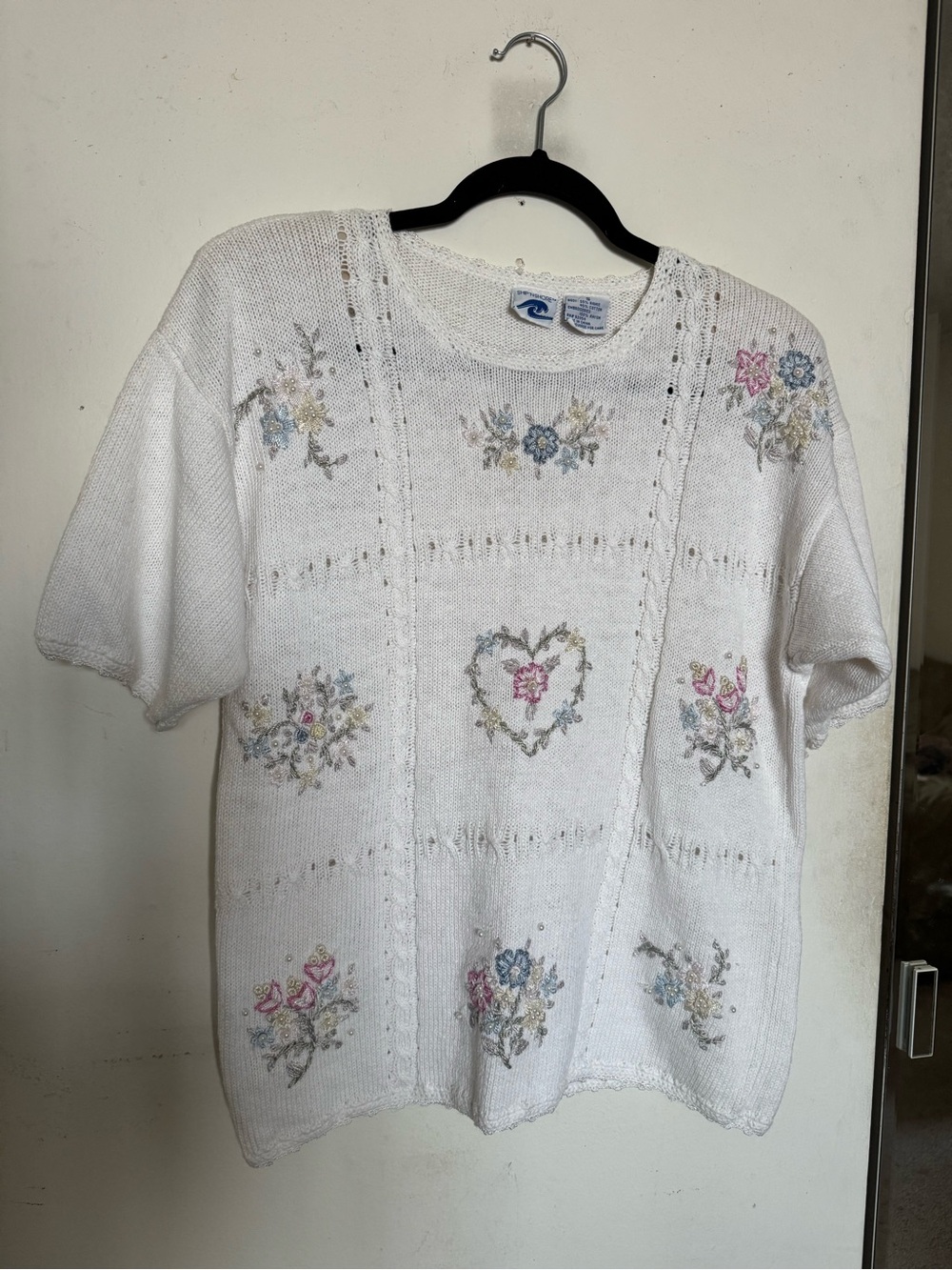 Coastal Grandma Floral Embroidered Short-Sleeve Sweater
